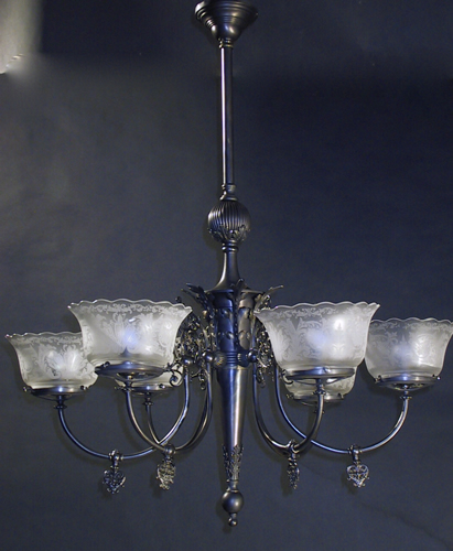 Large 6-Light Gas Chandelier with Incredible Deep Acid Etched Cutback Gas Shades