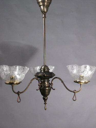 Genuine Antique Lighting: 3-Light Gas Chandelier with Open Body Work