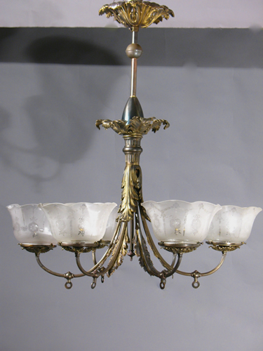 Genuine Antique Lighting: 6-Light Cast Bronze Gas Chandelier