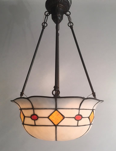 Genuine Antique Lighting: Leaded Glass Inverted Dome with Geometric Details