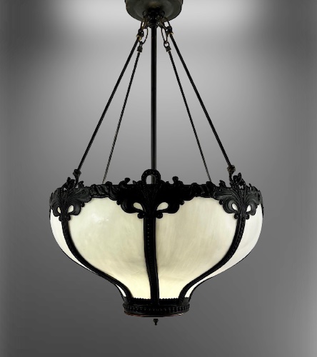 White Slag Glass Inverted Dome with Art Nouveau Detail Ceiling Light